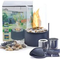 TOM Tischfeuer Tischkamin Bio Ethanol Rund Komplett Set mit Dekosteine (14-St), Standfuß