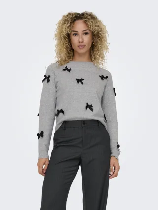 ONLY - ONLNOELLE LS BOW PULLOVER KNT Light Grey Melange - Gr. - S