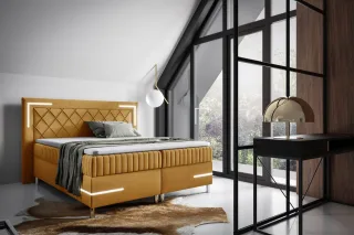 Boxspringbett Schlafzimmerbett 180x200cm AMORE Nr.3 Gelb inkl. LED-Beleuchtung