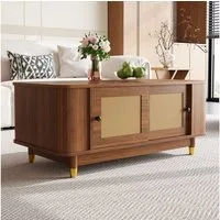 Merax Couchtisch in Nussbaum-Holzoptik, Skandinavisch Sofatisch (100 x 50 x 42 cm, 1-St), Wohnzimmertisch mit Rattan-Schiebetüren, Stauraum & Abgerundeten Ecken