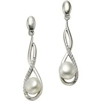 Zeeme Paar Ohrhänger Silber 925 rhodiniert mit weißen Perlen 7mm und Zirkonia-Steinen