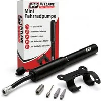 Pitlane Performance Luftpumpe Profi Fahrradpumpe Klein Mini Luftpumpe Fahrrad (für alle Ventile 11 Bar), Presta Schrader Dunlop Luftpumpe mit Halterung & flexiblem Schlauch