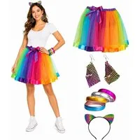 Das Kostümland Clown-Kostüm Regenbogen Disco Set für Damen, 4-teilig mit Rock
