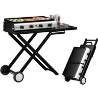 LALAHO Gasgrill Tragbarer 4 Brennern 9.6 kW Grill klappbar, Grillwagen mit Rollen, emaillierte Plancha, für Garten