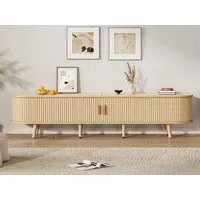 KLAM HOME Lowboard Lowboard TV Schrank Mit Runder Tischplatte Und Teleskop Schiebetüren (Modernes Wohnzimmer Lowboard In Walnuss Optik Mit 2 Schubladen), TV Unterschrank Bis 75 Zoll Mit Stauraum Für Audio Video Geräte