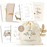 MeinBaby123® Geburtskarte 50 Meilensteinkarten "Dein erstes Jahr" zum Ausfüllen, inkl. Baumwollsäckchen, Geschenk zur Geburt, Meilensteinkarten Baby