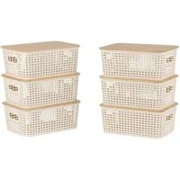 relaxdays Aufbewahrungsbox mit Bambusdeckel im Set, weiß, 6er-Pack
