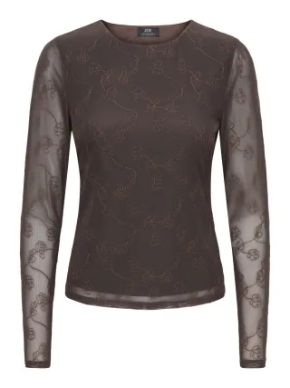 JDY - Mesh-Shirt mit Stickerei braun - Gr. - S