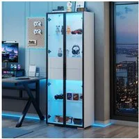 Merax Standvitrine Glasvitrine mit LED-Beleuchtung und Stauraum (Wohnzimmerschrank Standregal Schrank, 60×40×160cm, 1-St) Vitrine mit Hartglastür, 2 verstellbaren Glasböden & 2 Schubladen