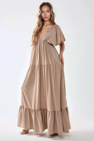 Strukturiertes V-Ausschnitt A-Form Maxi-Kleid