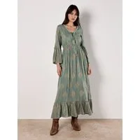 Apricot Maxikleid Boho-Maxikleid mit Golddruck und Tassel