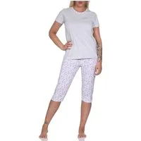 Normann Pyjama Floraler Damen Capri Schlafanzug mit Streifen, 3/4 Hose & Rundhals