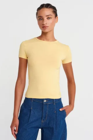 Damen Crop Slim-Fit Rundhals-T-Shirt