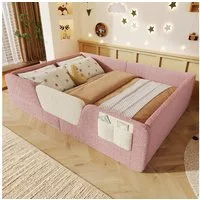 Merax Polsterbett 140x190cm mit abnehmbarer Sicherheitsleiste (Jugendbett Babybett Einzelbett, 1-tlg), Bodenbett Kinderbett mit Aufbewahrungstasche & Lattenrost, Samtbezug