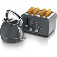 Arendo Frühstücks-Set Edelstahl Wasserkocher 1,7l, 4-Scheiben Kurzschlitz Toaster, Cool Grey (2-tlg), Retro Wasserkocher mit Temperatureinstellung, Vintage Toaster