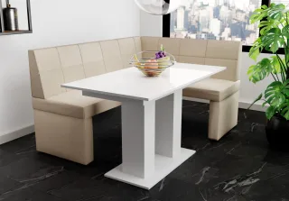 Eckbankgruppe 168x128 cm BLAKE L Stoff Soro Creme / Esstisch DANTE Weiß HGL