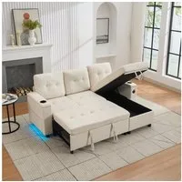 Merax Schlafsofa L-förmiges Ecksofa mit LED-Ambiente & USB/Typ-C, 208×146×89,5 cm 1 Teile, 3-in-1 Klappsofa mit verstecktem Stauraum,Getränkehalter,Seitentaschen