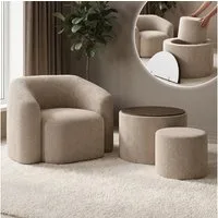 skølm Relaxsessel Gjöll aus Teddy-Bouclé mit Armlehnen (beige, Set aus Sessel, Tisch mit Holzplatte & Hocker), vakuumverpackt, gepolstert, Couchtisch mit Stauraum, ohne Aufbau