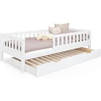 Ehrenkind Kinderbett Lille aus massivem Kieferholz inkl. Rollrost und Rausfallschutz (90x200 cm Weiß, 2-in-1: Mit optionalem Umbauset zum Bodenbett umbaubar), flexibler Rausfallschutz beidseitig montierbar