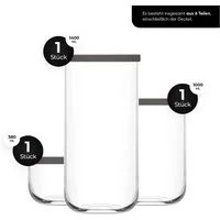 LAV Vorratsglas DUO Vorratsdosen-Set 3-tlg – 380 ml + 1000 ml + 1400 ml, Glas, (Vorratsdosen-/Aufbewahrungsdosen-Set, 6-tlg., 3-tlg. Set), 3 Größen (380/1000/1400 ml), transparente Dose mit Deckel