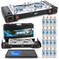 ZMC Gaskocher 2in1 Campingkocher Grillplatte mit Piezozündung + 16x Gaskartuschen, (2 Flammig Grill Platte Tischgrill Doppel Gasbrenner Gasgrill Kochfeld mit LPG Anschluß Wärmeleistung: 2,3KW, 2,3KW), Butan Gas 227g Gaskocher Outdoor Camping Gas Koch