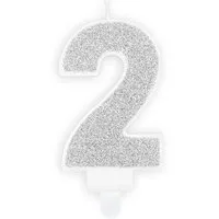 partydeco Formkerze, Geburtstagskerze Zahl 2 mit Glitzer 7cm silber