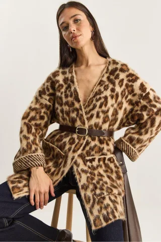 Oversized Langer Cardigan mit Leopardenmuster und Taschen
