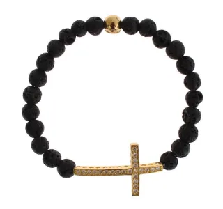 Nialaya Lava Stein Gold Klare CZ Kreuz 925 Silber Armband