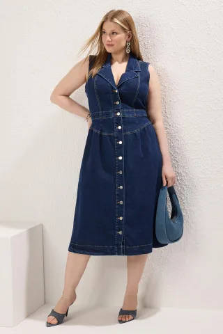 Curve Damen Marineblau Gerades Midi Ärmelloses Lässiges/Alltagskleid in Übergröße