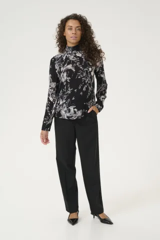 Langarm-Bluse Regular fit Black/White Painted Flower floral