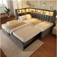 Odikalo Schlafsofa Schlafcouch Tagesbett 90x200 mit LED, Leinen Polsterbett 90x200 mit Ausziehbett 90x190, LED, Bluetooth-Lautsprecher, USB & Type-C Ladeanschluss, L-Kopfteil mit Stauraumregal, Schlafsofa/Gästebett, Beige / Grau, ohne Matratze