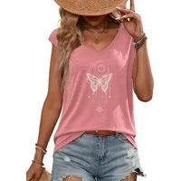 PYLIKE V-Shirt Damen Sommer Ärmellos Tanktop Locker Schmetterling Print-Shirt Bequem für Freizeit und Büro,Strandurlaub