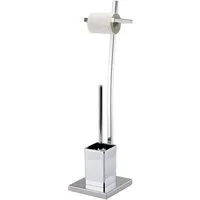 MSV Toilettenpapierhalter PILI, Kombiniertes Badezimmer Standelement aus Toilettenbürste und Rollenhalter, herausnehmbarer Innenbehälter, verchromter Stahl, silber glänzend, 18x18x72 cm