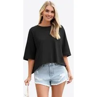Imily Bela T-Shirt Damen Oversized Cropped Shirt Rundhals Casual Oberteil (Packung, 1-tlg., 1per-Pack) mit 3/4-Ärmeln und abgerundetem Saum in Unifarbe