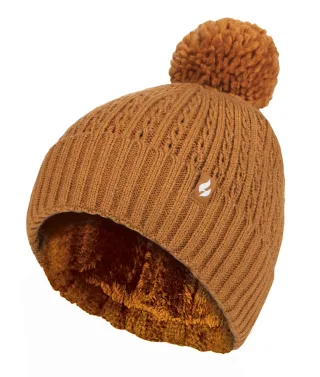 Ladies Thermal Cable Beanie Hat | Heat Holders | Winter Knitted Pom Pom Hat | Soft Ribbed Bobble Hat - Senf