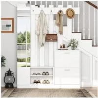 KLAM HOME Garderoben-Set 135*25*180cm Garderoben-Set mit Spiegel, Flurschrank, (Mit 2 unteren Klapptüren-Schuhschränken + 2 Aufbewahrungsschränke), Geeignet für Türöffnungen, Flure,Weiß