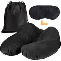 EAZY CASE Nackenhörnchen Aufblasbares Nackenhörnchen mit Stoffbezug, Nackenhörnchen Reise Set inklusive Schlafmaske & Ohrstöpsel Schwarz, Nackenhörnchen Reise Set inklusive Schlafmaske & Ohrstöpsel Schwarz