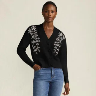 Bestickter Cardigan mit V-Ausschnitt, Damen,  Weiß, Polyester/Polyacryl/Polyester-Mischung, by Lands' End
