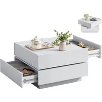 SeedWave Couchtisch Sofatisch, 360° Drehbare Ober-Tischplatte, 2 Grifflosen Schubladen, Erhöhte Seitenböden rund um Arbeitsplatte, Ohne Füße zum Stabilität