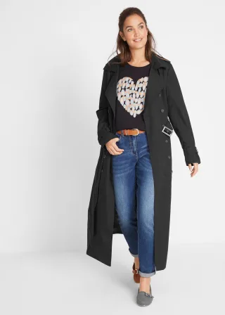 bonprix Long-Trenchcoat mit Taillengürtel, schwarz, Gr.42, Modischer Trenchcoat mit Gürtel, aus 100% Baumwolle