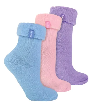 3er Pack Damen Bettsocken mit Grips | THMO | Rutschfeste Fleece Kuschelige Hausschuhsocken - Multicolour