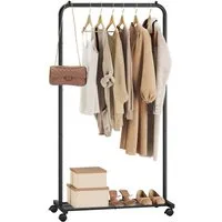 SONGMICS Kleiderständer Kleiderstange auf Rollen, Garderobenständer 74 cm breit, Rollgarderobe mit Gitterablage, bis 35 kg belastbar, 2 Rollen