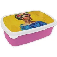 MuchoWow Lunchbox Frida Kahlo - Frau - Gelb - Blau - Blumen, Kunststoff, (2-tlg), Brotdosen, Lunch Box, Brotbox für Kinder und Erwachsene