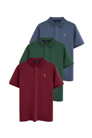Dreierpack Herren-Poloshirts denimblau, flaschengrün und granatrot mit kurzen Ärmeln und gesticktem Rigby Go Logo