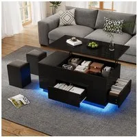 KLAM HOME Couchtisch Höhenverstellbarer LED-Couchtisch Weiß mit 2 Hockern (Hochglanz Sofatisch mit 2 Schubladen & Stauraum), Multifunktionaler Wohnzimmertisch bis 50kg Tragkraft