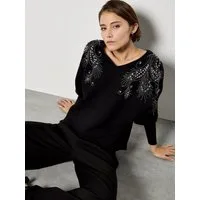 Apricot Fledermauspullover Strickpullover mit Strass und Federoptik