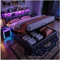 PXloue Polsterbett LED hydraulisches Doppelbett Stauraumbett (inkl. Hydraulisch anhebbarer Bettstauraum), mit USB-Laden und Stauraum am Kopfteil,Kunstleder,160x200 cm