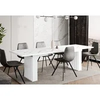 Home Collective Esstisch ausziehbar Tisch Küchentisch Esszimmertisch Ausziehtisch (160-240 x 80 cm Esszimmer Küche Wohnzimmer Esstisch erweiterbar), Säulengestell in Lamellen-Optik, Weiß Marmor-Optik, Weiße Beine