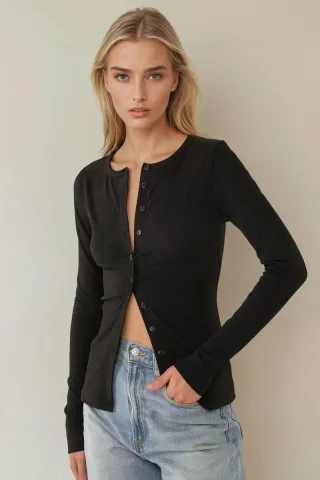 Crew Neck Knopf-Front Rippenstrick Langarmkarteigan Oberteil