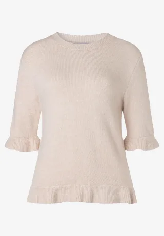 MORE & MORE - Kurzarmpullover mit Rüschen beige - Gr. - 38